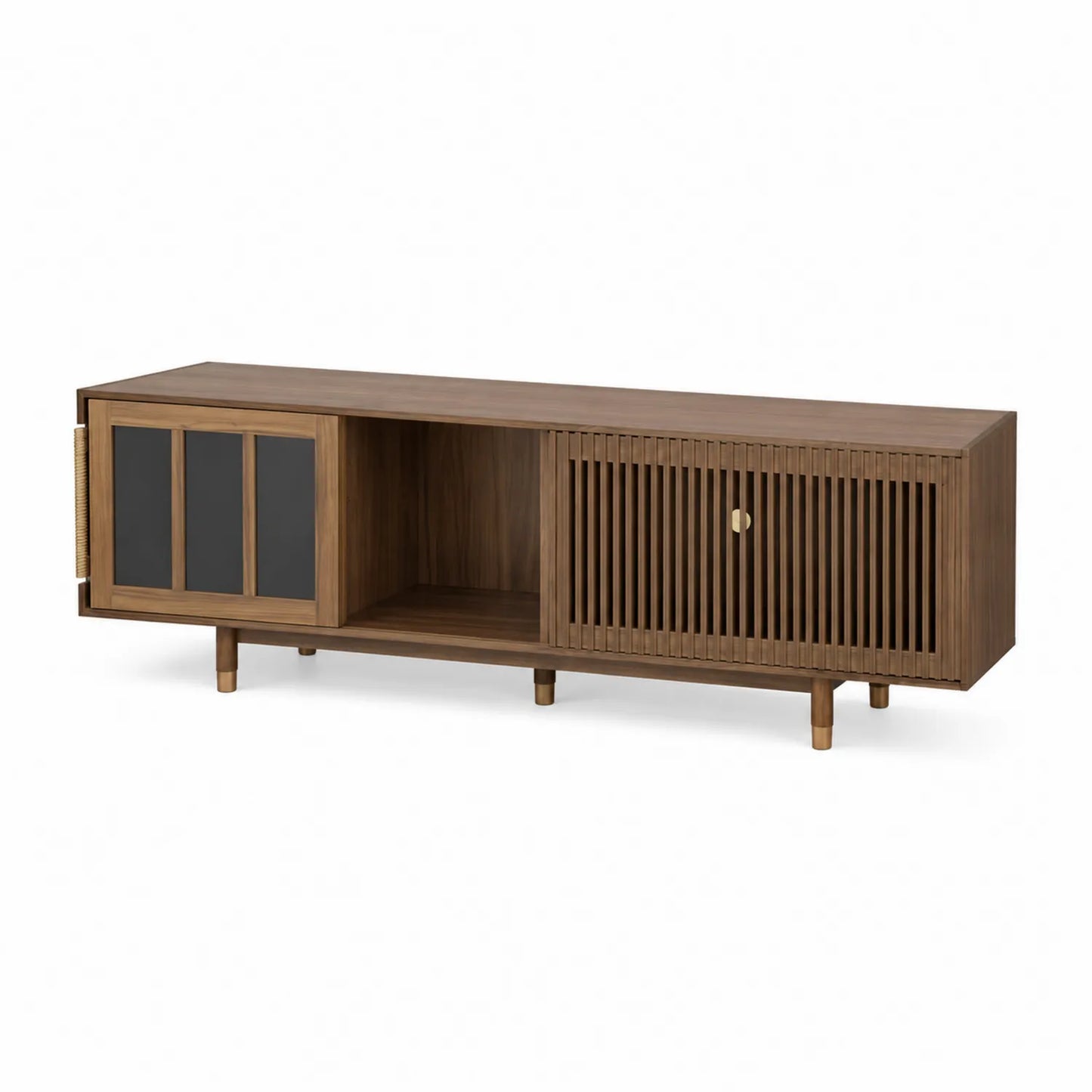 Meuble TV en bois avec portes coulissantes et verre