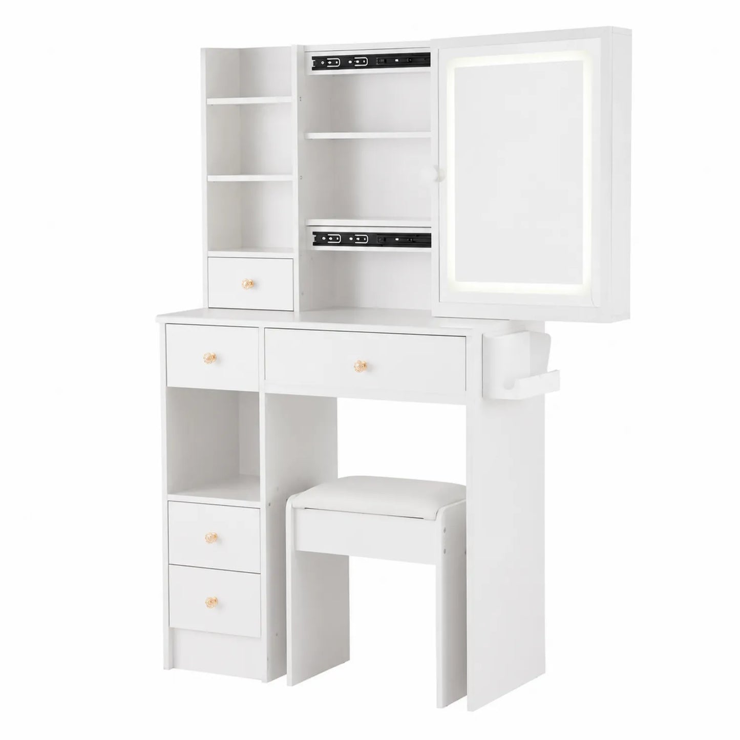 Coiffeuse avec Tabouret et Miroir LED en Bois MDF Blanc