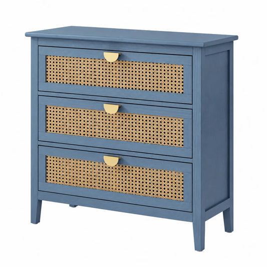 Commode en Bois et Rotin Bleu à 3 Tiroirs