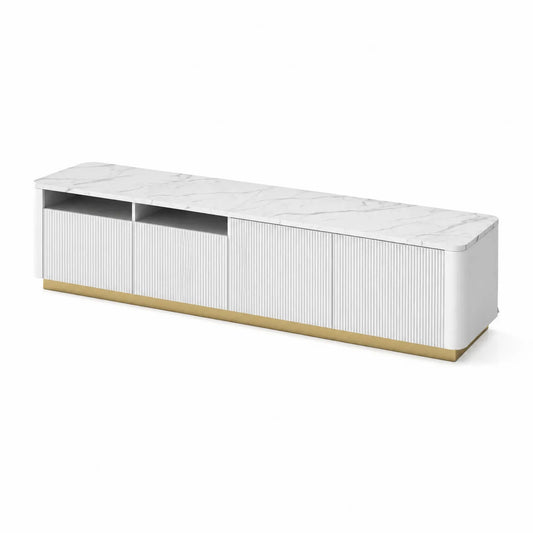 Meuble TV bas en bois et marbre blanc 200 cm
