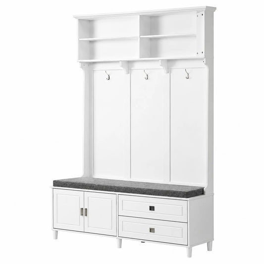 Porte-manteaux en bois blanc avec banc et coussin
