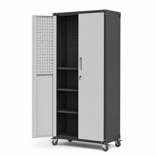 Armoire de rangement métallique sur roulettes avec portes verrouillables Gris/Noir