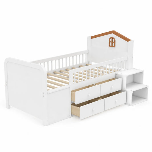 Lit enfant en bois avec tiroirs et étagères 200 cm Blanc et Brun