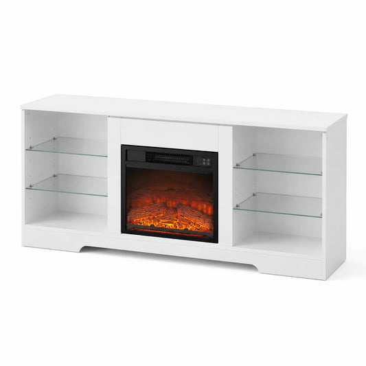 Meuble TV avec Cheminée Électrique en MDF et Étagères en Verre Trempé