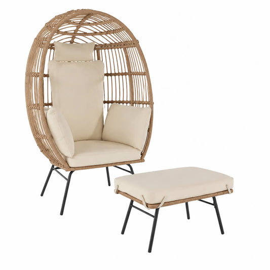 Fauteuil extérieur en rotin avec repose-pieds et coussins Beige