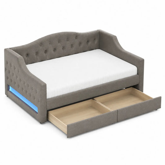Lit banquette en bois et tissu gris avec rangements 200x90 cm