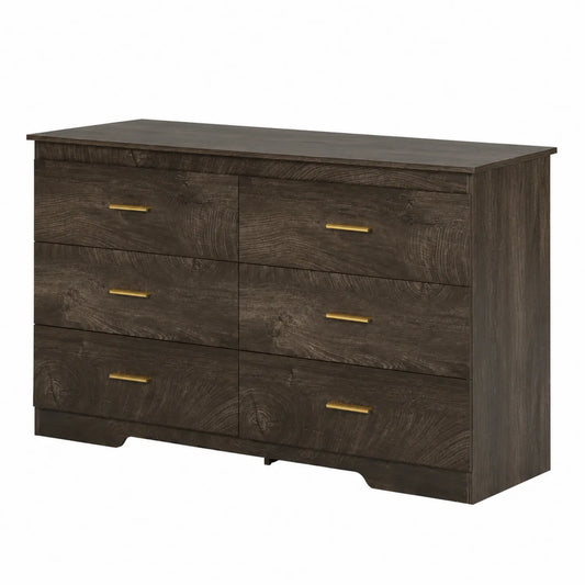 Commode en bois brun avec 6 tiroirs et poignées en métal doré