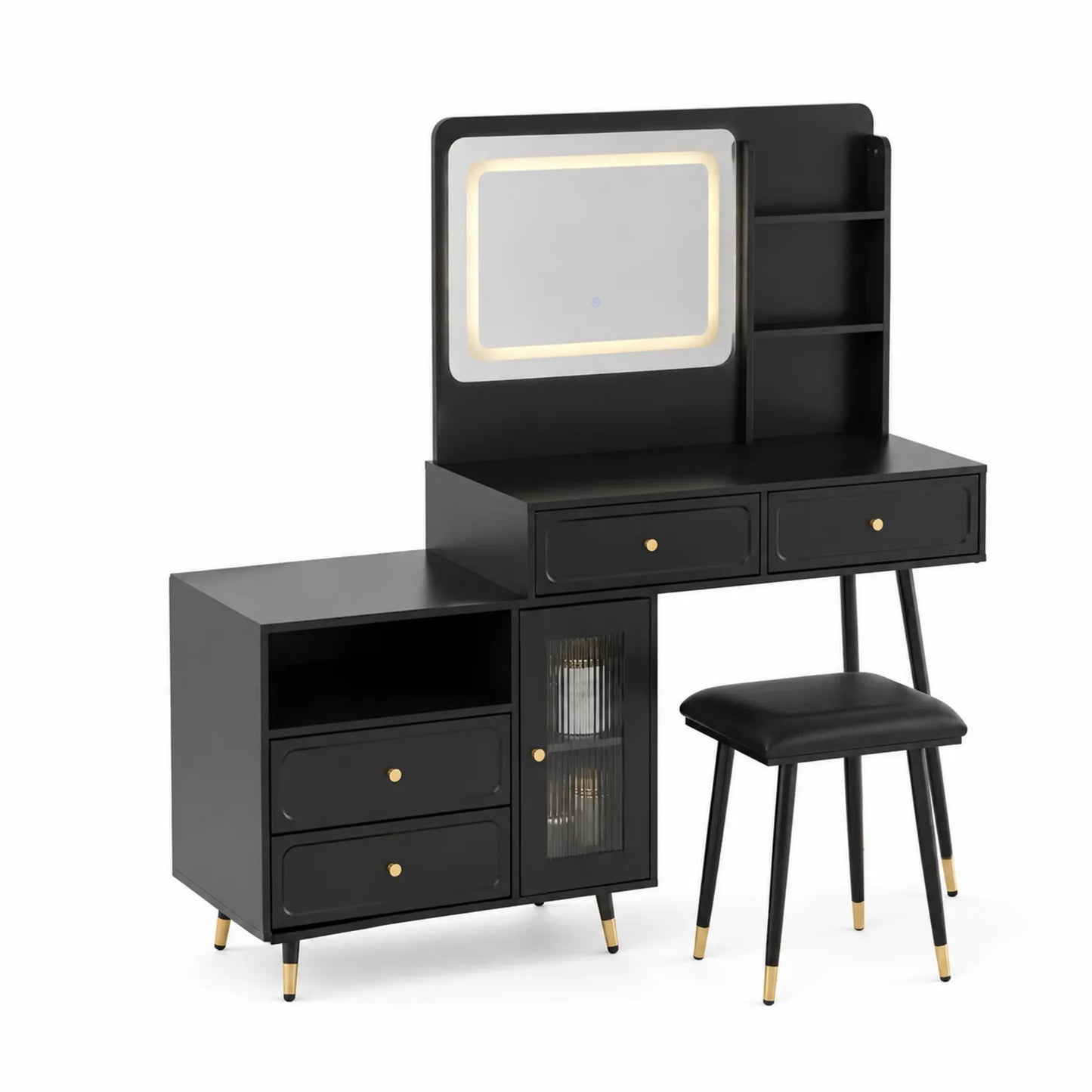 Coiffeuse en Bois avec Miroir LED et Tabouret en Similicuir Noir