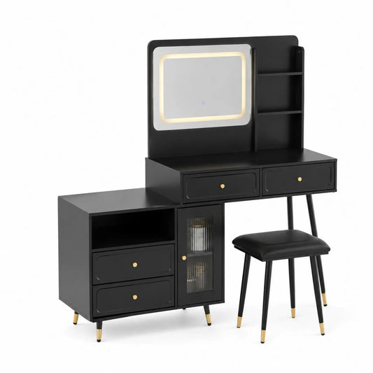 Coiffeuse en Bois avec Miroir LED et Tabouret en Similicuir Noir