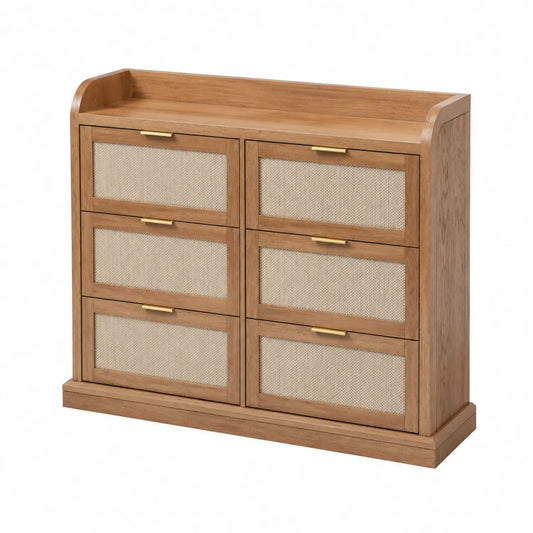 Commode 6 tiroirs en chêne et rotin