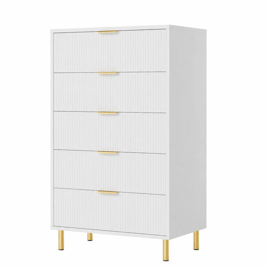 Commode en bois à 5 tiroirs avec poignées et pieds métalliques dorés