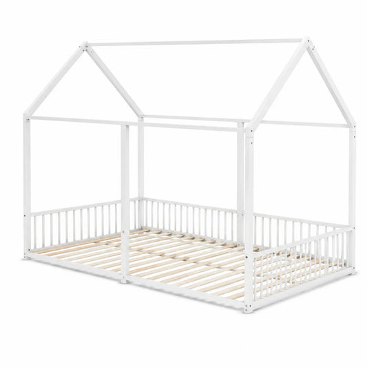 Lit enfant en bois blanc avec structure maison, 90x200 cm