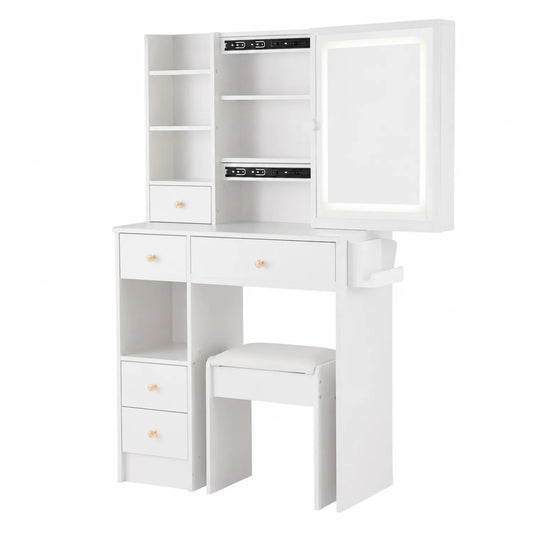 Coiffeuse avec Tabouret et Miroir LED en Bois MDF Blanc
